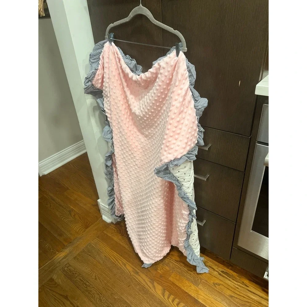 Sweethoney pink minky dot baby blanket with‎ a ruffled edge